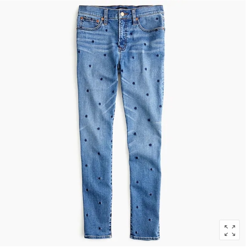 J. Crew • High-Rise Toothpick Jeans in Indigo Embroidered Polka Dots - Picture 3 of 8